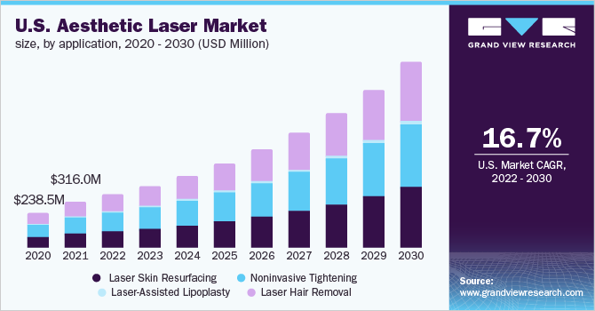 美国美容激光市场规模，各应用，2020 -乐鱼体育手机网站入口 2030年(百万美元)