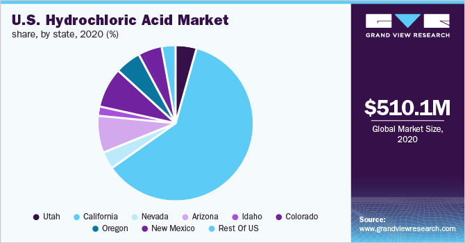 美国盐酸市场占有率，各州，2020年(%)